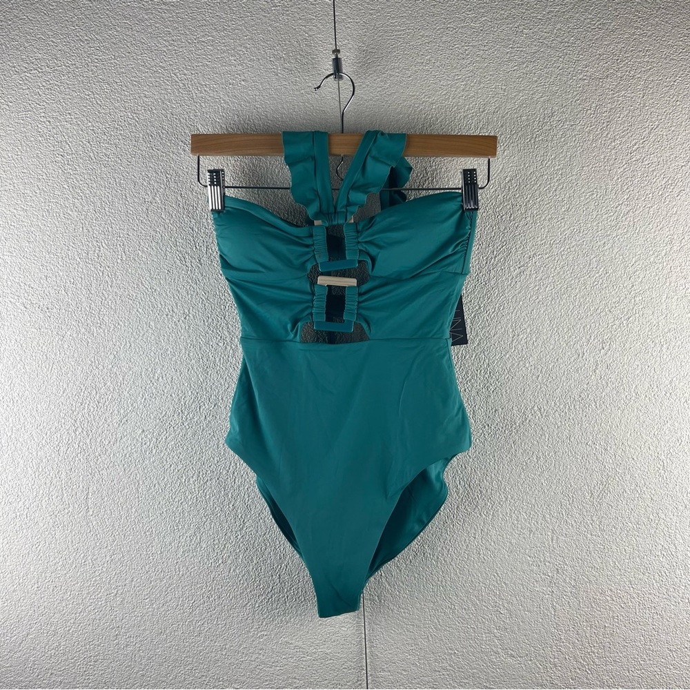 Soluna Swim l S Buckle Up One Piece Bandeau Cut-Out Ruffled Halter Swimsuit Ivy